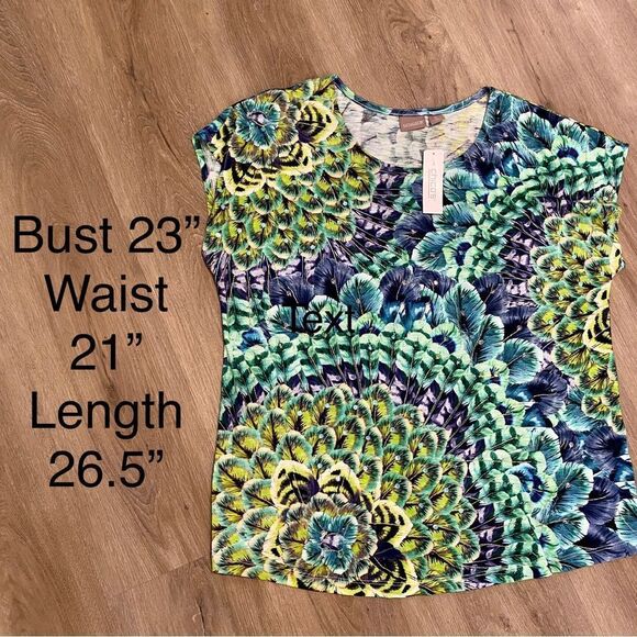 CHICO’S SCOOP NECK SLEEVELESS TOP FEATHER FANS PATTERN FLORAL PURPLE GRE… - Picture 12 of 12